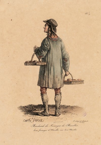 En ostehandler av Marollen fra #39;Les cris de Paris#39; ca. 1823-25 (litho) av Carle Vernet