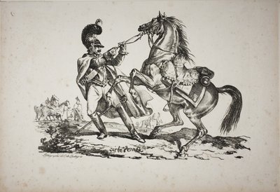 Cuirassier til fots holder tilbake oppveksthesten sin av Carle Vernet