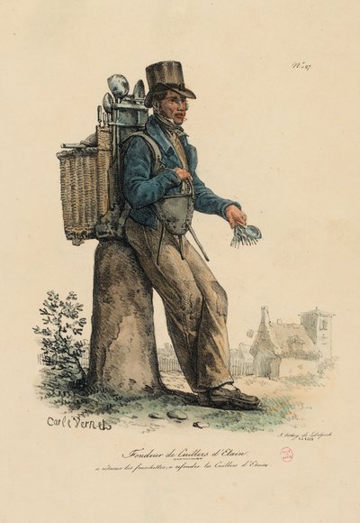 Grunnlegger av tinngafler og skjeer fra #39;Les Cris de Paris#39; av Carle Vernet