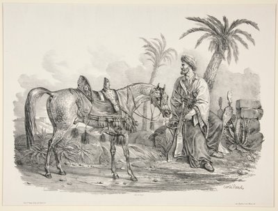 Sittende araber som holder hodelaget til en arabisk hest av Carle Vernet