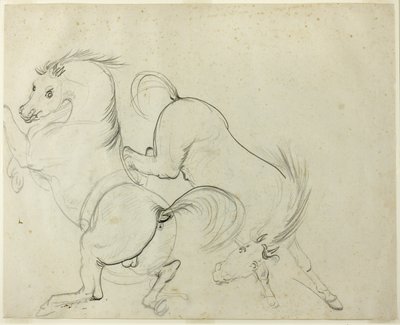 Two Horses Cavorting (recto); Mann på en sparkende hest (verso) av Carle Vernet