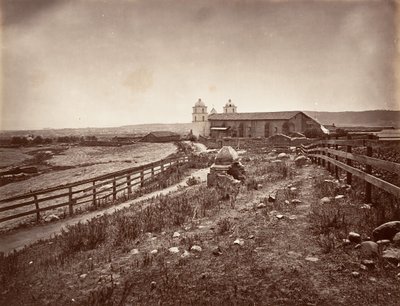 Santa Barbara and Mission Church, 1876, trykt ca. 1876. av Carleton Emmons Watkins
