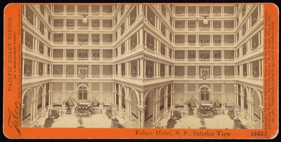 Palace Hotel, S.F., interiørutsikt av Carleton Watkins