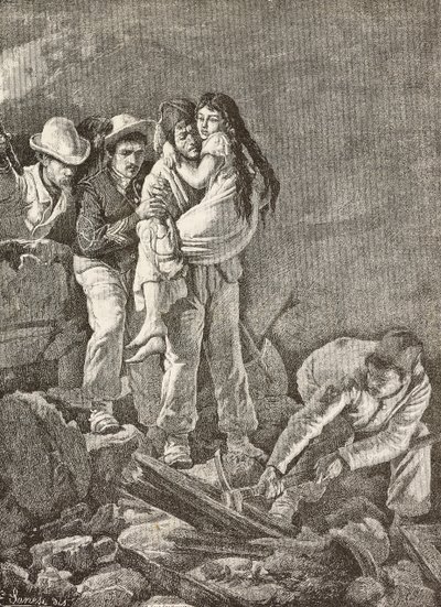 En jente blir reddet etter at hjemmet hennes kollapset, jordskjelvet i Casamicciola, Italia, gravering fra en tegning av E Sanesi og et maleri av Carlo Ademollo (1824-1911), fra L