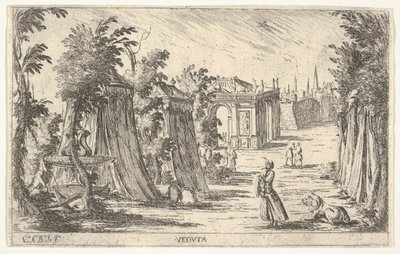 Utsikt med en mann i turban og en løve stående til høyre, telt og klassisk arkitt..., 1680-1710. av Carlo Antonio Buffagnotti