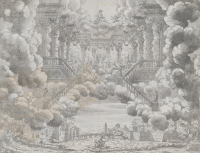 Scenografi med allegoriske figurer på en trapp, fra 'L'Eta Dell'Oro', ca. 1690. av Carlo Antonio Forti