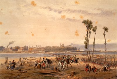 Franskmennene passerte Sesia ved Vercelli i 1859, av Carlo Bossoli (1815-1884), gravering. Andre uavhengighetskrig, Italia av Carlo Bossoli