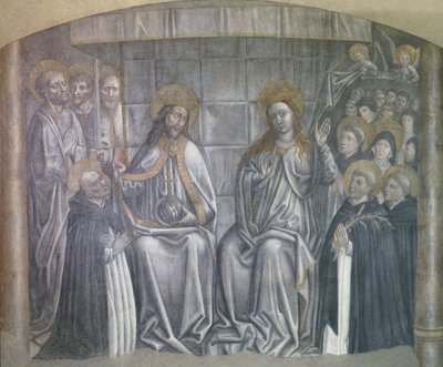 Kristus gir verden til Saint Dominic i nærvær av Jomfru Maria, freskomaleri av Carlo Braccesco av Carlo Braccesco