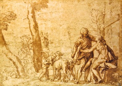 The Meeting, ca. 1590 (sepia blekk og vask på papir) av Carlo Caliari