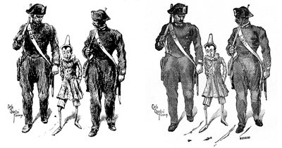 Pinocchio av Carlo Chiostri (1863-1939), en av de første italienske illustratørene av arbeidet til Collodi (Carlo Lorenzini). To gendarmer tar tredukken. Bildet til venstre er Chiostris originaltegning, det til høyre er graveringscarri av Carlo Chiostri