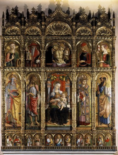 Polyptik som viser en Pieta, og den underordnede parten en madonna med Child av Carlo Crivelli