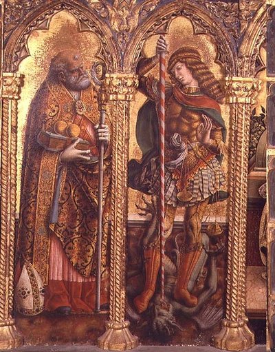 St. Nicholas og St. Michael, detalj fra San Martino polyptych (tempera på panel) (se 76669) av Carlo Crivelli