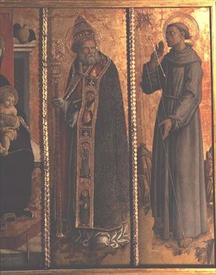 St. Sylvester og St. Francis, detalj fra San Silvestro polyptyk av Carlo Crivelli