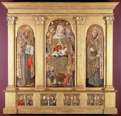 Jomfru og barn med de hellige Bonaventura og Louis av Toulouse, ca. 1489 (tempera med gull- og oljeglasur på panel) av Carlo Crivelli