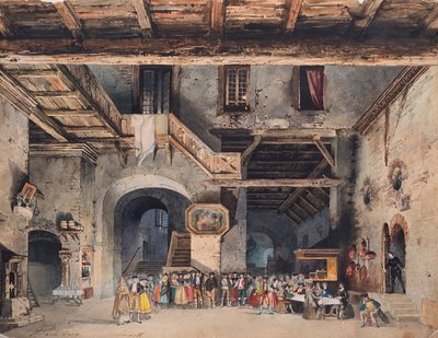 Scenografi for Operaen Skjebnens styrke av Giuseppe Verdi. av Carlo Ferrario