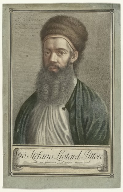 Portrett av maleren Jean-Etienne Liotard i tyrkisk drakt med skjegg og pelslue Portretter av artister (serietittel) av Carlo Gregori (possibly)