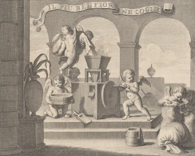 Hun samler den vakreste blomsten Il più bella fior groglie ne, en gruppe på seks putti workin ..., 1740-59. av Carlo Gregori