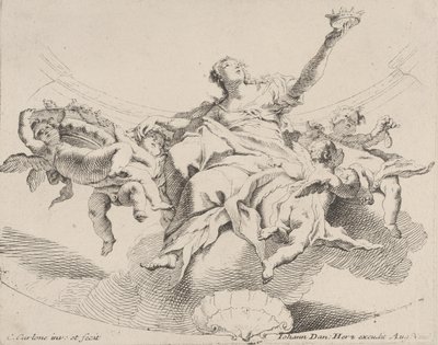 Makt, representert av en kvinne som sitter på skyer som holder en krone og omgitt av putti,..., 1725-75. av Carlo Innocenzo Carloni