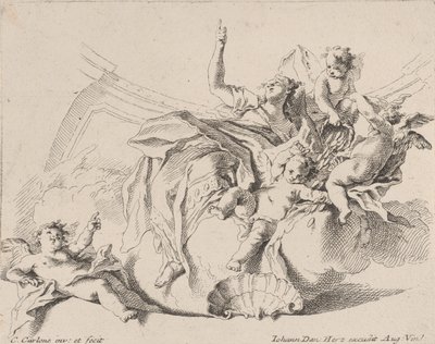 Rikdom, representert av en kvinne som sitter på skyer og omgitt av putti, hvorav en er..., 1725-75. av Carlo Innocenzo Carloni