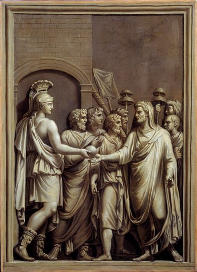 Antikkens Roma: kriger og mann i en toga som utveksler en sfære. Maleri av Carlo Labruzzi (1748-1818) etter et lavt romersk relieff. Brest. Museum of Fine Arts av Carlo Labruzzi