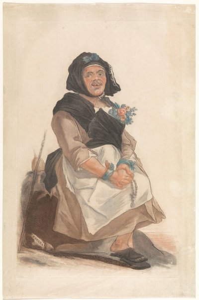 Als vrouwen verkleiden mann met rozenkrans, zitten Asana (tittel på objekt) Står mot portretter av mennesker som tjener til å underholde det florentinske publikum (serietittel) av Carlo Lasinio