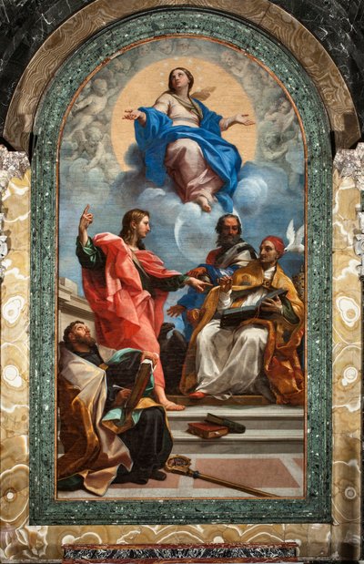 Den ulastelige unnfangelse og den hellige Johannes evangelisten, den hellige Gregoire den store, den hellige Johannes Chrysostom og den hellige Augustin (olje på lerret av Carlo Maratta or Maratti