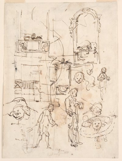 Tegning, arkitektoniske og figurative skisser, ca. 1760 av Carlo Marchionni