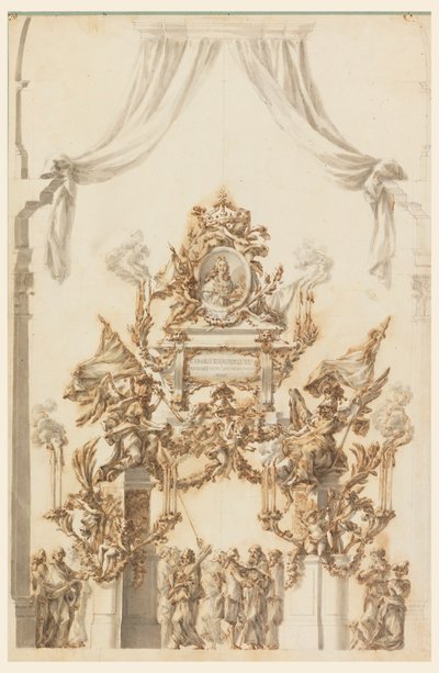 Tegning, design for en katafalk for Karl Emanuel III av Sardinia, 1773 av Carlo Marchionni