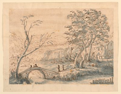 Tegning, landskap med bro, 1770–1786 av Carlo Marchionni