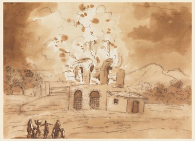 Tegning, landskap med et brennende tårn av Carlo Marchionni