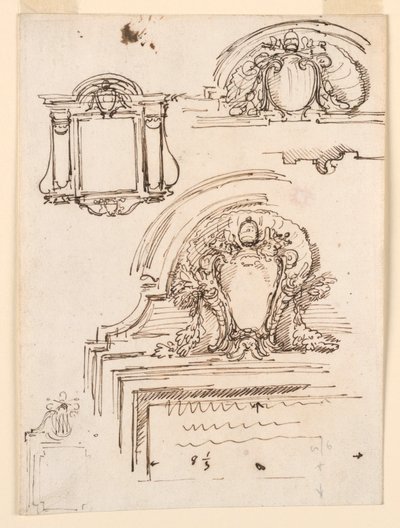 Tegning, skisser for rammer, for sakristiet i St. Peters kirke, 1740–58 av Carlo Marchionni
