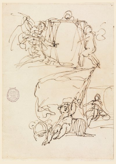 Tegning, tre skisser, før 1775 av Carlo Marchionni