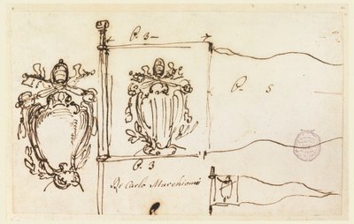 Tegning, tre skisser til et faneblad for pave Benedikt XIV, 1740–58 av Carlo Marchionni