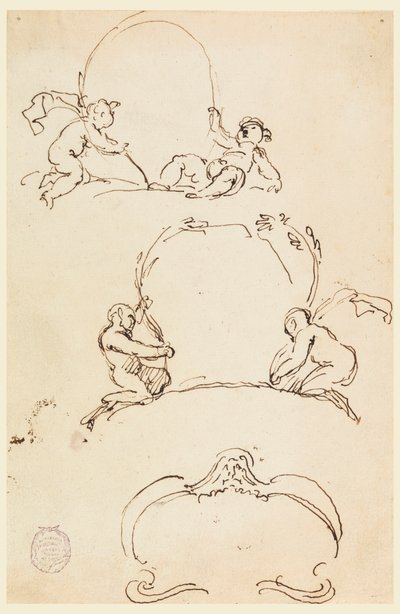 Tegning, tre skisser av kartusjer, før 1775 av Carlo Marchionni