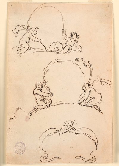 Tegning, tre skisser av kartusjer, før 1775 av Carlo Marchionni