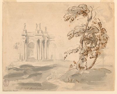 Tegning, Tre i landskap med bygning, 1756–78 av Carlo Marchionni