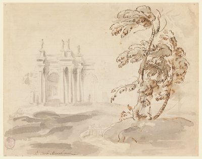 Tre i landskap med bygning av Carlo Marchionni