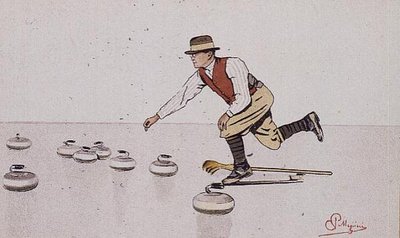 Mann som kaster en stein i et spill med curling (farge litho) av Carlo Pellegrini