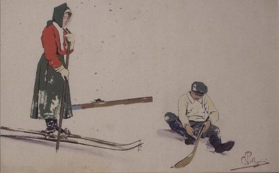 Sikring av skiene (farge litho) av Carlo Pellegrini