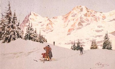 Snøscene ved Wengen (farge litho) av Carlo Pellegrini