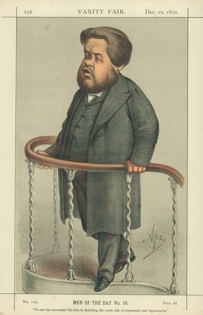 Pastor Charles Spurgeon, Ingen har lykkes som ham i å skissere den komiske siden av omvendelse og fornyelse, 17. juli 1880, Vanity Fair tegneserie av Carlo Pellegrini
