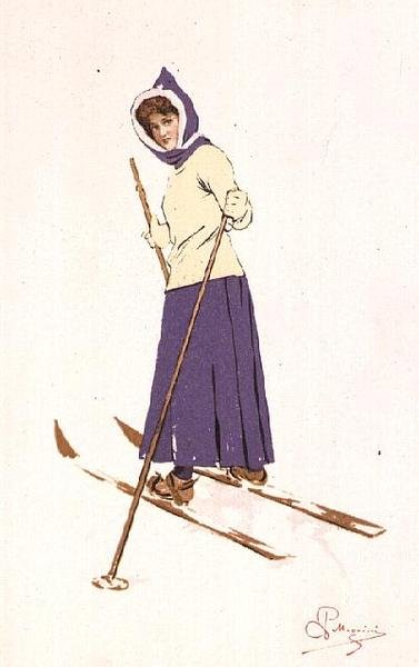 Kvinne slår på ski (farge litho) av Carlo Pellegrini