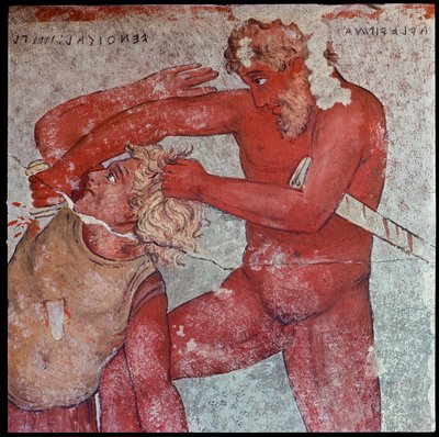 Etruskisk sivilisasjon: "" representasjon av ofringen av trojanske fanger til hyllest til Patroclus""" gjengivelse av Carlo Ruspi (1786-1863) av freskene fra det 4. århundre f.Kr. av Francois-graven til Vulci. Firenze, arkeologisk museum av Carlo Ruspi