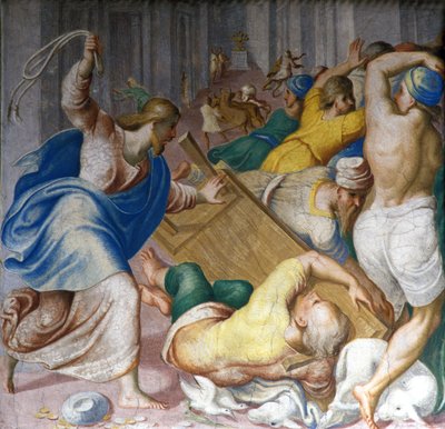 Jesus Kristus driver ut kjøpmenn ved tempelporten. Fresco av Carlo Urbino. Milan, S. Maria della Passione. av Carlo Urbino