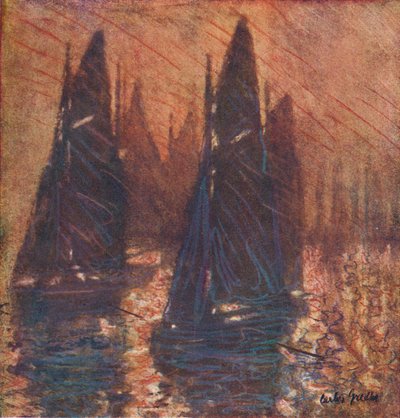 Fiskebåter i tåke, c1913. av Carlos Grethe