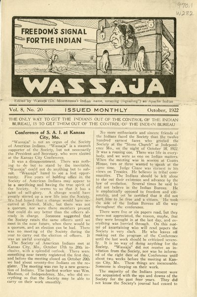 Utgave av Wassaja, bind. 8, nr. 20, oktober 1922 av Carlos Montezuma