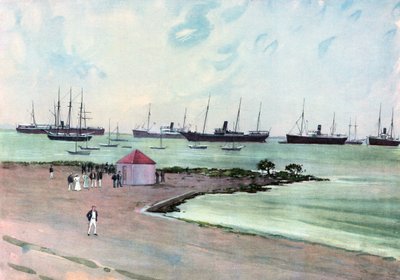 Fangede spanske fartøyer ved anker i Man-of-War Harbor, Key West.--Utsikt fra Esplanade nær USAs hærkaserner av Carlton Theodore Chapman
