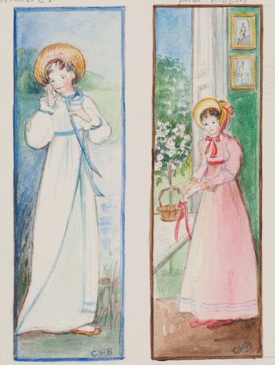 Elizabeth Bennet og Emma Woodhouse, 2011 (wc på papir) av Caroline Hervey Bathurst