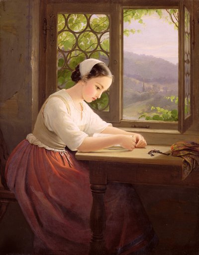 Jente som leser ved et åpent vindu av Caroline von der Embde