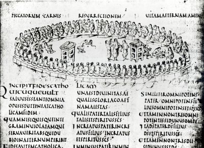 Illustrasjon av en scene fra en av salmene, fra Utrecht Psalter, kopi av originalen fra Reims nå i Utrecht University Library (penn og blekk) av Carolingian School